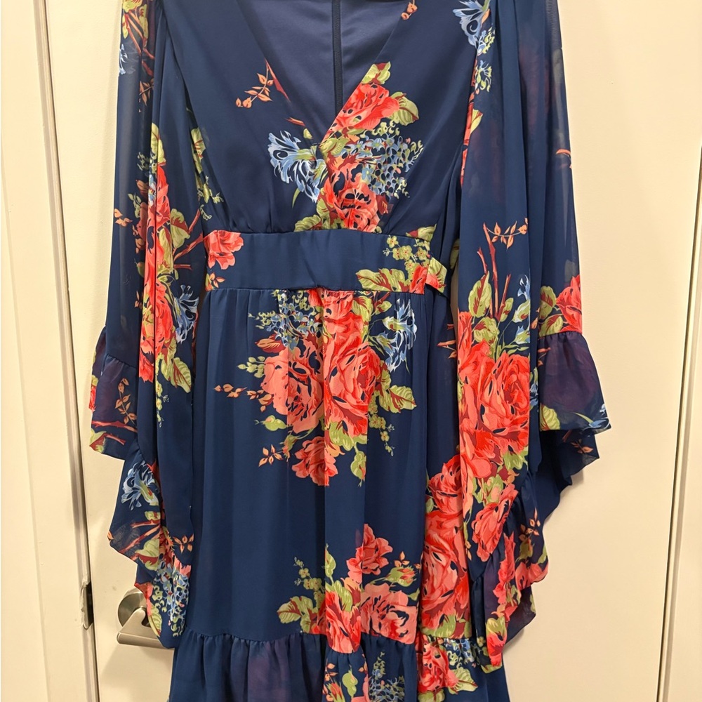 Betsey Johnson Navy Floral Wrap-Style Dress with Bell Sleeves